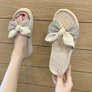 Rhinestone Bow Platform Slide Sandals