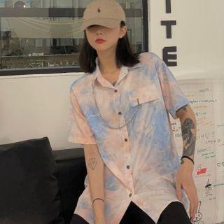 Elbow-sleeve Chained Tie-dye Shirt