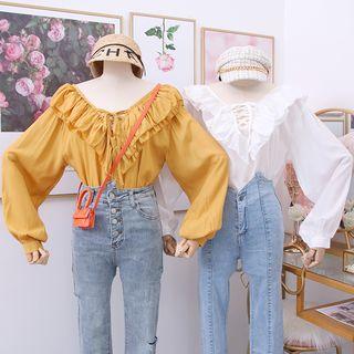 Lace-up Ruffled Plain Blouse