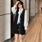 Single Breasted Vest / Lantern-sleeve Tie Neck Plain Blouse