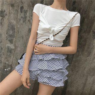 Plain Bow Slim-fit Short-sleeve T-shirt / Dot High-waist Skort