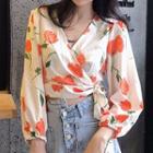 Flower Print Wrap Blouse As Shown In Figure - One Size
