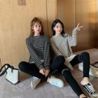 Set: Mock Two-piece Long-sleeve Striped Top + Leggings