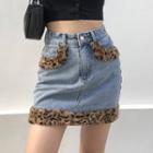 Leopard Print Trim A-line Denim Skirt