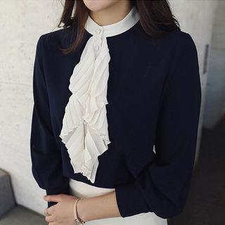 Ruffle-trim Two-tone Long-sleeve Blouse