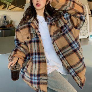 Plaid Button-up Coat Plaid - Light Brown & Blue - One Size