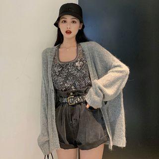 Plain V-neck Cardigan / Sequined Mesh Tank Top