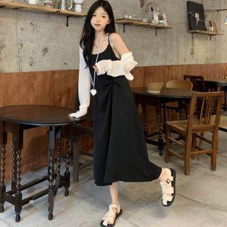 Plain Cardigan / Spaghetti Strap Midi Shift Dress