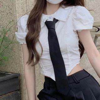 Puff-sleeve Plain Shirt / Plain Tie