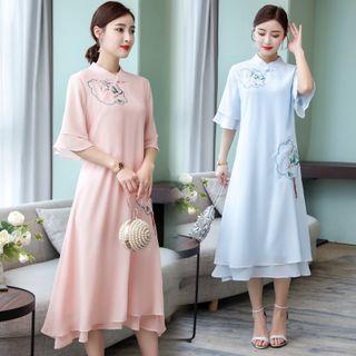 Elbow-sleeve Mandarin Collar Midi A-line Dress