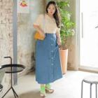 Button-front Washed Maxi Denim Skirt