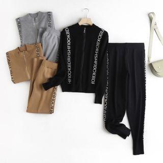 Set: Lettering Zip Cardigan + Knit Cropped Harem Pants