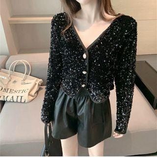 Sequined V-neck Long-sleeve Blouse