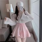 Bell-sleeve Button-up Top / Drawstring Mini A-line Skirt