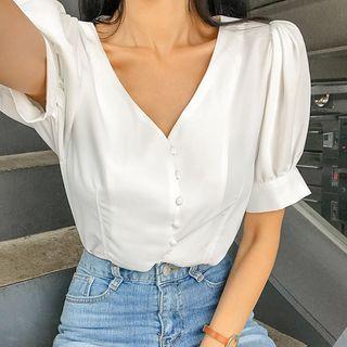 Plunge-neck Puff-sleeve Blouse