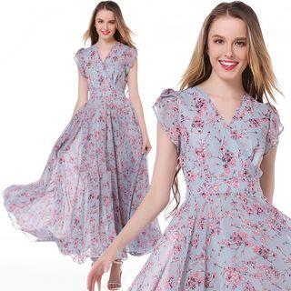 Cap-sleeve Floral Chiffon Midi Dress