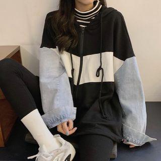 Color Block Denim Paneled Zip Jacket As Shown In Figure - One Size