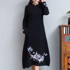 Long-sleeve Mandarin Collar Flower Embroidered Midi A-line Dress