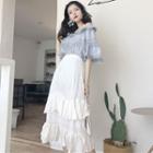 Off-shoulder Elbow-sleeve Fringed Blouse / Midi A-line Tiered Skirt