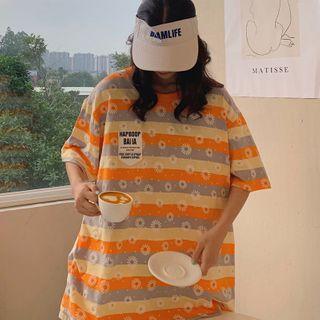 Flower Print Striped Elbow-sleeve T-shirt