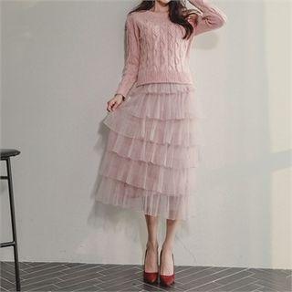 Tiered Tulle-overlay Long Skirt
