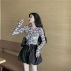 Patterned Drawstring Ruched Long-sleeve Cropped Mesh Top As Shown In Figure - One Size