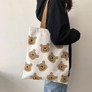 Cartoon Bear Print Tote Bag Khaki - One Size