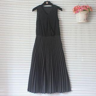 Sleeveless Lace A-line Midi Accordion Pleat Dress Black - One Size