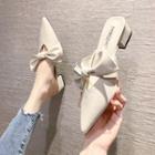 Bow Pointed Block Heel Faux Leather Mules