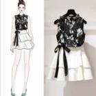 Set: Sleeveless Floral Top + Ruffle Layered Mini Skirt