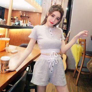Set: Short-sleeve Crop Top + Drawstring Waist Shorts