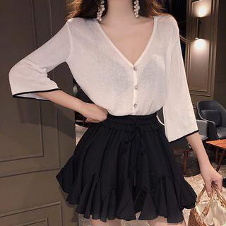 3/4-sleeve Knit Top / A-line Mini Skirt