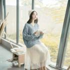 Set: V-neck Cable-knit Sweater + Midi A-line Mesh Skirt