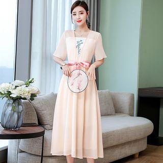 Embroidered Short-sleeve Chiffon Midi A-line Dress