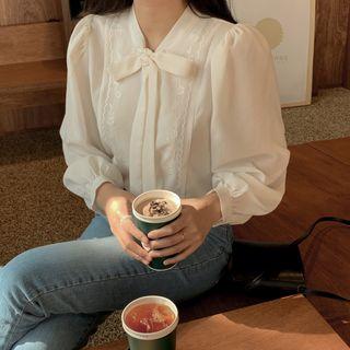 Tie-neck Embroidery Blouse Ivory - One Size