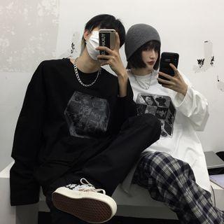 Couple Matching Long-sleeve Cube Printed T-shirt