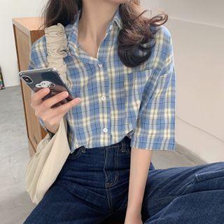 Pocket-front Elbow-sleeve Gingham Shirt