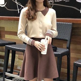 Collared Long-sleeve Knit Top / Knitted A-line Skirt