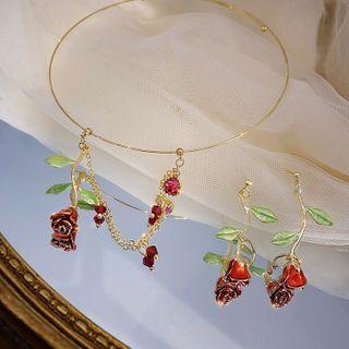 Faux Crystal Rose Pendant Necklace / Dangle Earring / Set
