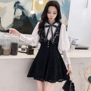 Set: Long-sleeve Bow-accent Lace Shirt+v-neck Lace A-line Pinafore Dress