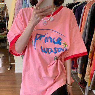 Contrast Trim Print Elbow-sleeve T-shirt