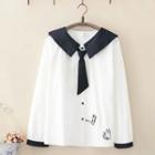 Cat Embroidered Collared Blouse White - One Size
