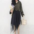 Scalloped Edge V-neck Sweater / Asymmetric Midi Tulle Skirt