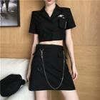 Set: Printed Short Sleeve Cropped Blouse + Mini Skirt