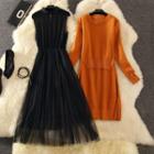 Set: Sleeveless A-line Midi Dress + Long-sleeve Dip-back Knit Dress