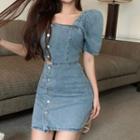 Short-sleeve Cutout Washed Denim Mini Bodycon Dress