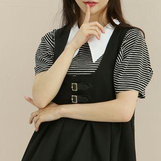 Pointy-collar Striped Top