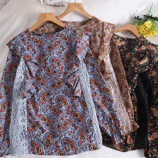 Printed Ruffled Lace-panel Long-sleeve Blouse