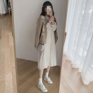 Embroidered Cardigan / Long-sleeve Midi A-line Dress