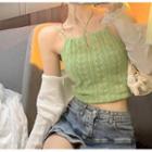 Plain Knit Halter Top / Lace Trim Knit Cardigan / Denim Ruffle Trim Mini Skirt